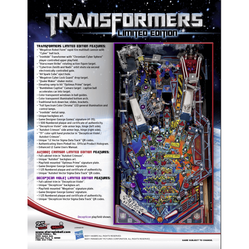 Transformers Limited Edition Pinball Machine by Stern Transformers Limited Edition Pinball Machine by Stern